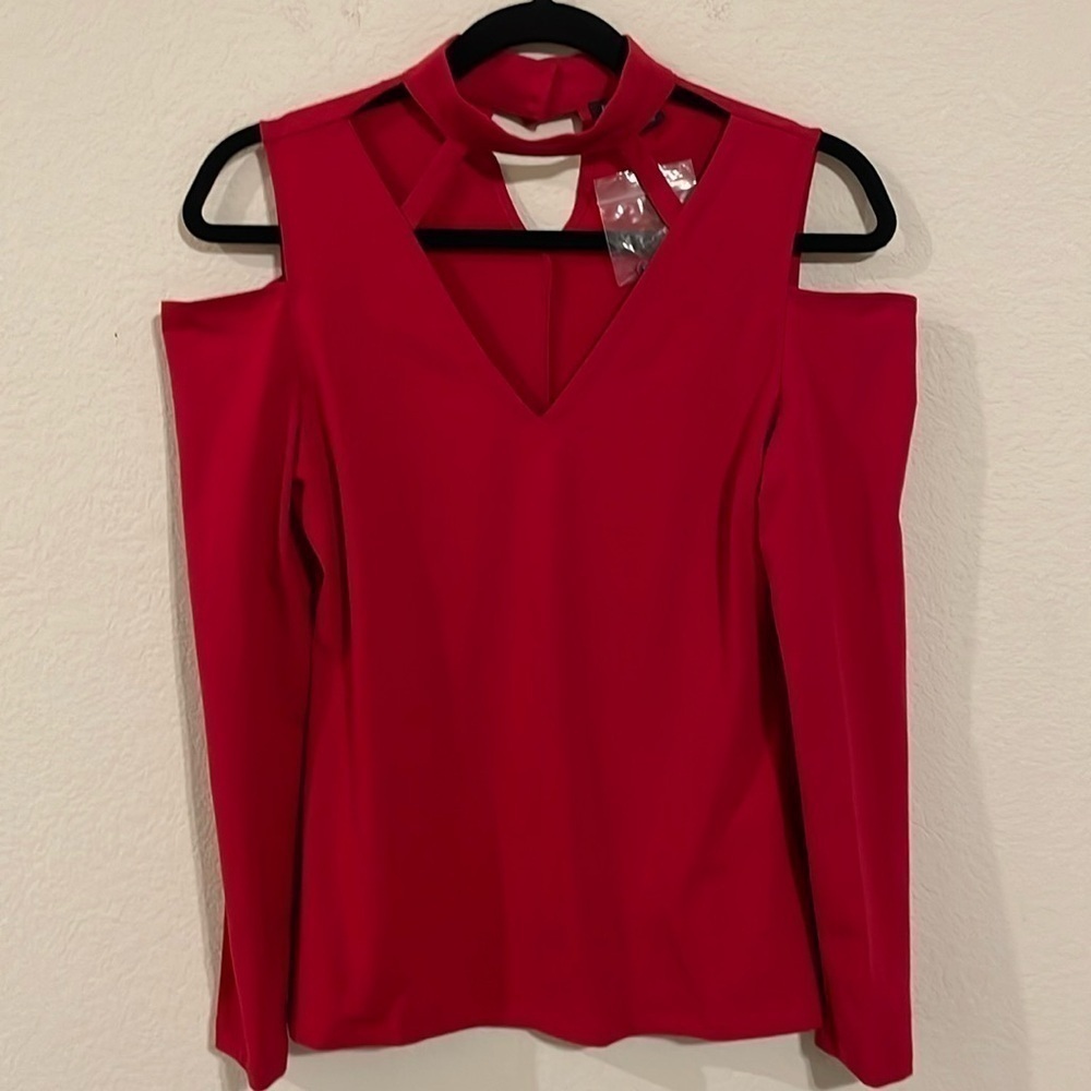 Boston Proper Women's Shirt Small Red Cutout Mock Stretch Fitted Bodycon